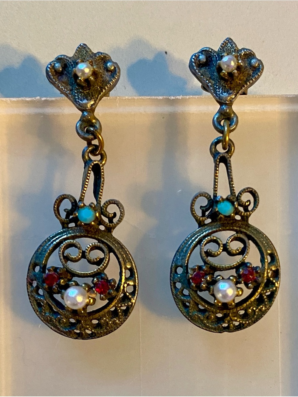 Antique Victorian Silver Gilt Filigree Earrings Pearl Garnet